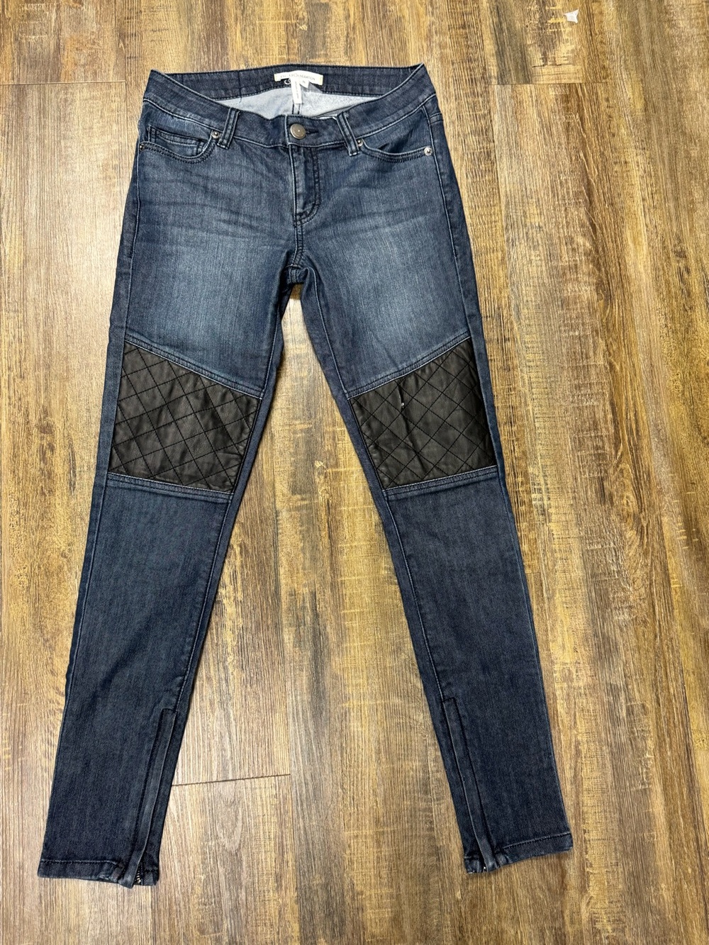 BCBGeneration Dark Blue Skinny Jeans with Quilted‎ Black Knee Panels